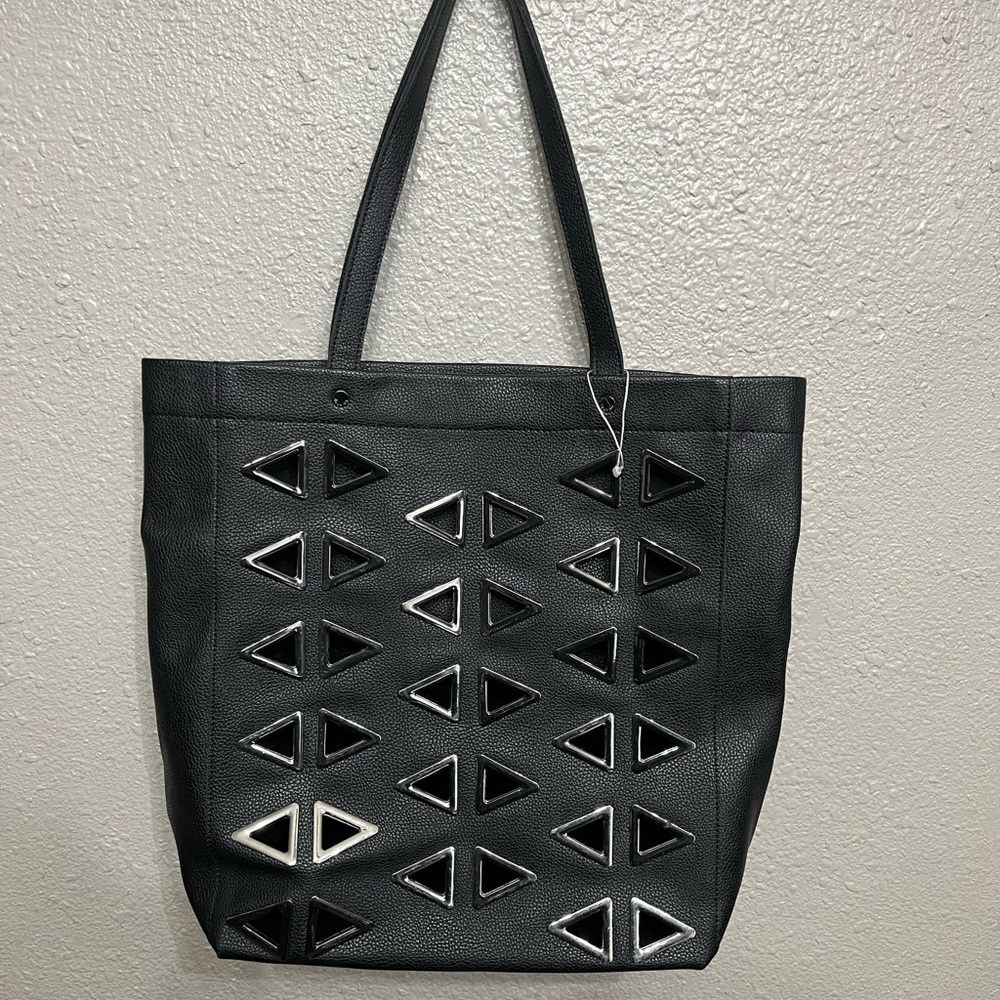 Deux Lux Large Pebbled Tote Shoulder Bag , Black Metal Embellished